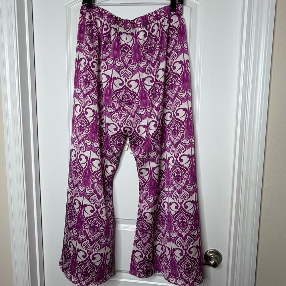 ALEXIS Purple Boho Wide Leg Pants Size L High Waist Drawstring Statement Print - Picture 3 of 10